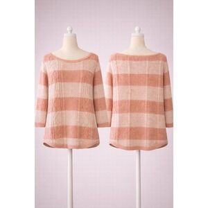 Jeanne Pierre Womens XL Peach Cream Striped Cable Knit 100% Cotton Sweater
